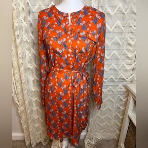 LOFT Spring Floral Shirt Dress Sash Waist Long Sleeves Orange Blue White Small